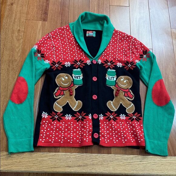 Spencer's Get lit Beer Gingerbread Christmas Cardigan Mens Ugly Sweater  Size L - Picture 1 of 8